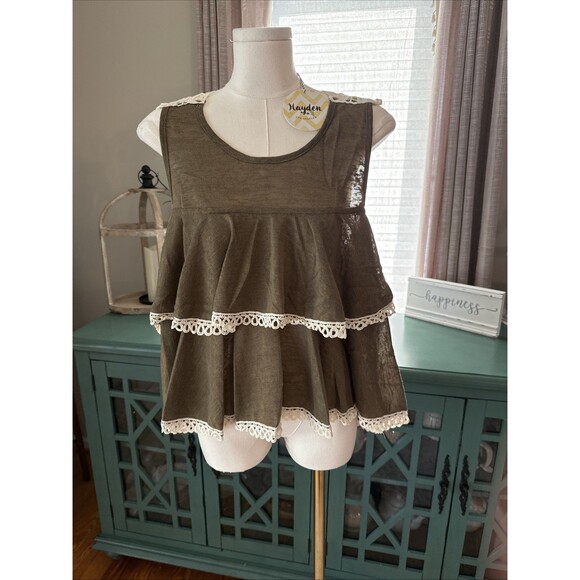 Hayden Tops - Hayden Los Angeles Sleveless Boho Ruffle Olive Green Hi Lo Top Med